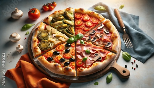 High-quality image of a gourmet Quattro Stagioni pizza with artichokes, mushrooms, black olives with ham, and tomatoes with basil on a crispy crust, on a wooden board
 photo