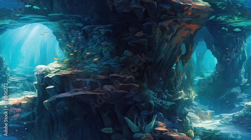  a painting of an underwater cave with rocks and corals and sunlight coming in from the water s surface.  generative ai