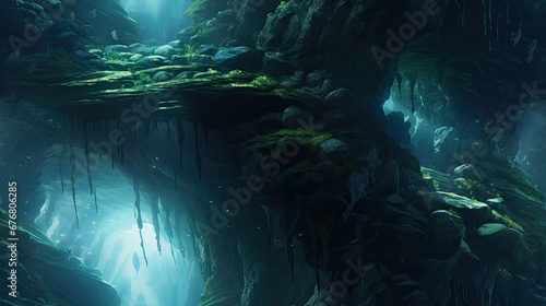  a painting of a cave in the middle of a forest with moss growing on the walls and rocks on the ground. generative ai