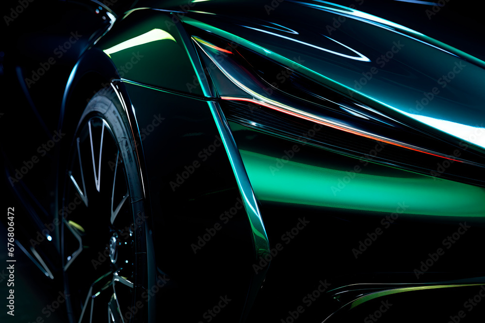 Close up of the LED headlights of futuristic modern green car
