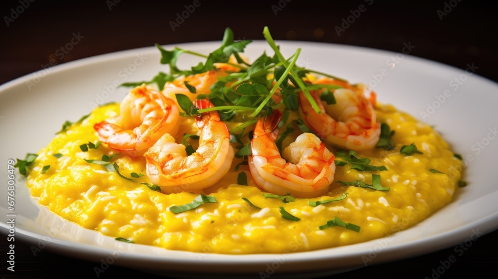  a plate of shrimp and grits with a garnish of green garnish on top of it.  generative ai