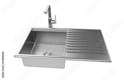 A stainless steel kitchen sink isolated on a white background, equipped with a faucet, and rendered in 3D.