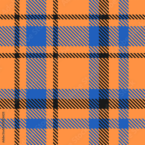 Tartan Orange Black Blue Plaid Pattern Seamless. Checkered fabric texture for flannel shirt, skirt, blanket 