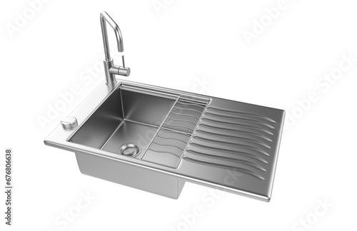 A stainless steel kitchen sink isolated on a white background, equipped with a faucet, and rendered in 3D.