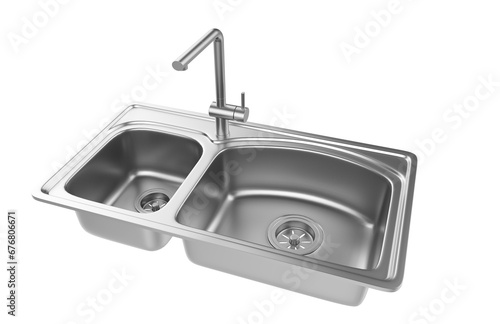 A stainless steel kitchen sink isolated on a white background, equipped with a faucet, and rendered in 3D.