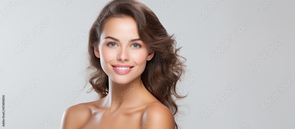 A young beautiful adult woman is seen as a sexy model on a white background representing the isolated pursuit of fitness health and beauty in sports while maintaining a focus on skin care an - obrazy, fototapety, plakaty 