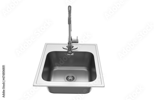 A stainless steel kitchen sink isolated on a white background, equipped with a faucet, and rendered in 3D.