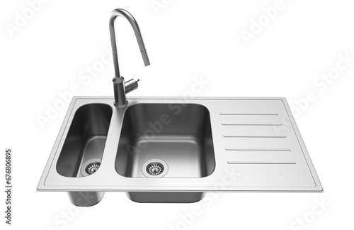 A stainless steel kitchen sink isolated on a white background, equipped with a faucet, and rendered in 3D.