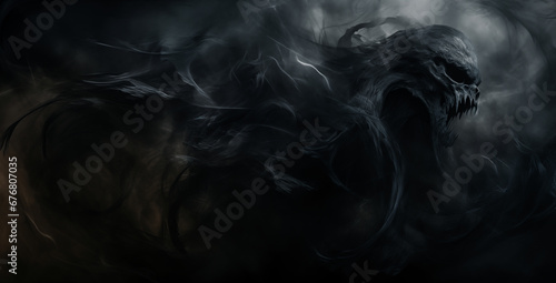 scary fantasy monster coming out of the smoke