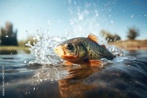 fish jumps and splashes in a lake, AI generated