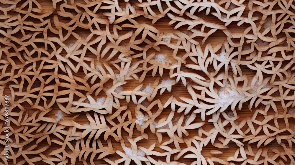  a close up of a pattern made out of wooden planks with white flowers and leaves on top of it.  generative ai