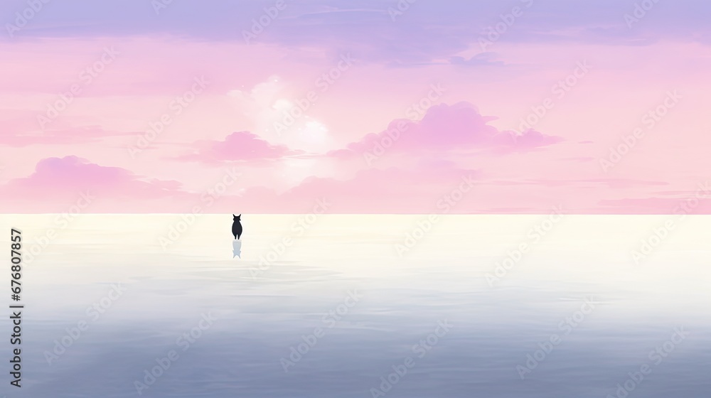  a person standing in the middle of a large body of water with a pink sky in the background and clouds in the sky.  generative ai