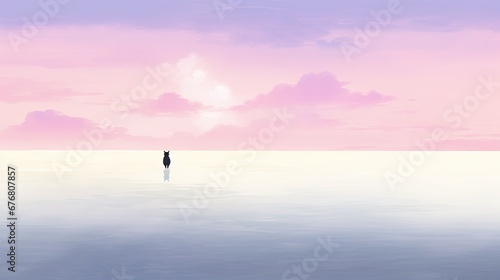  a person standing in the middle of a large body of water with a pink sky in the background and clouds in the sky. generative ai