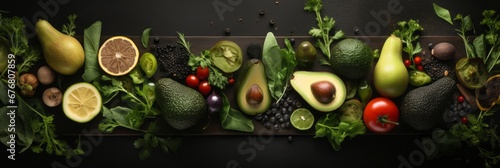 Fresh fruits and vegetables flat lay on dark background, creating an appetizing and inviting image