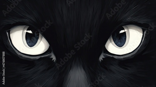  a close up of a black cat's face with white and black cat's eyes on a black background. generative ai