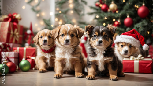 Cute puppies wearing Santa Claus red hat under the Christmas tree. Merry Christmas and Happy New Year decoration around