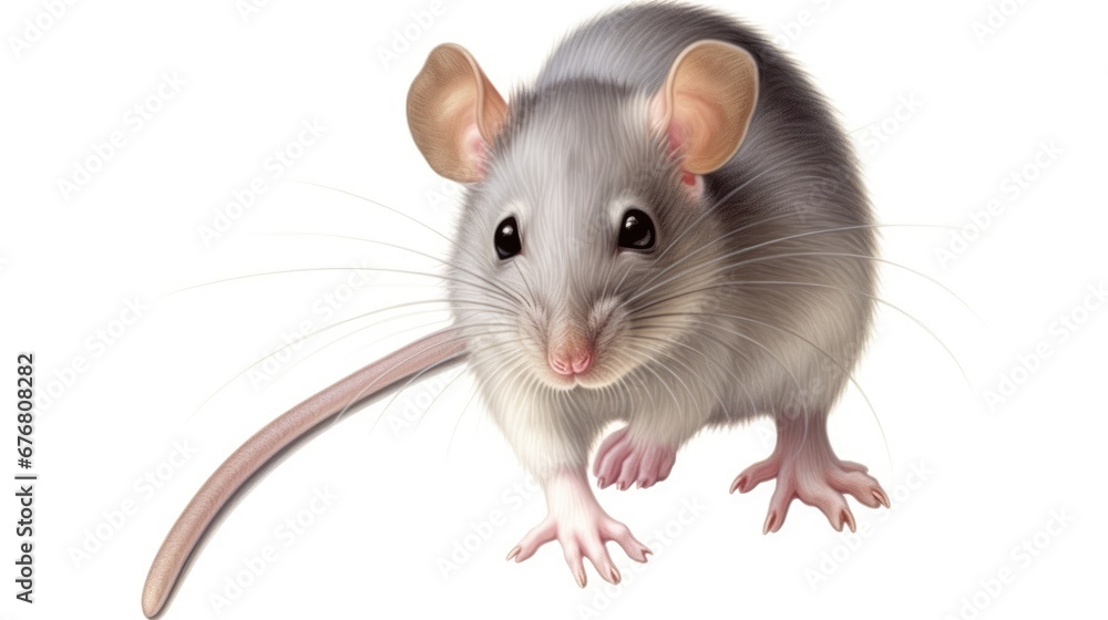  a mouse is standing on its hind legs with a long tail in front of a white background with a shadow of the mouse.  generative ai