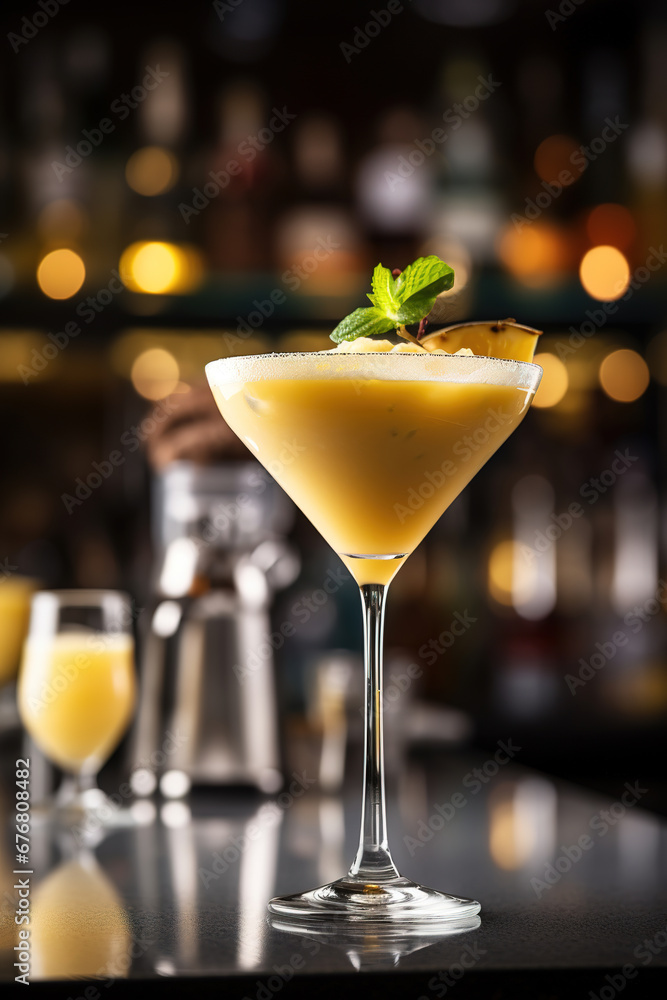 close up of a yellow cocktail with blurred Bartender and bar in the back with empty copy space close up of a yellow cocktail with blurred Bartender and bar in the back with empty copy space