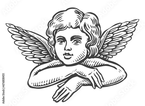 Little angel, vintage engraving style. Cute baby with wings, black and white vector illustration