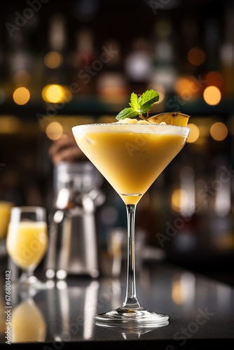 close up of a yellow cocktail with blurred Bartender and bar in the back with empty copy space	