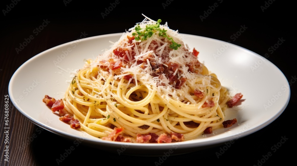a plate of spaghetti with bacon and parmesan cheese on top of it on a wooden table with a black background. generative ai a plate of spaghetti with bacon and parmesan cheese on top of it on a wooden table with a black background. generative ai