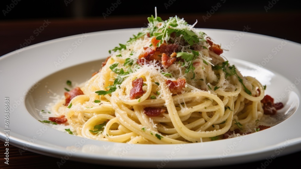  a plate of spaghetti with bacon, parmesan cheese, parsley and parsley on top of it.  generative ai