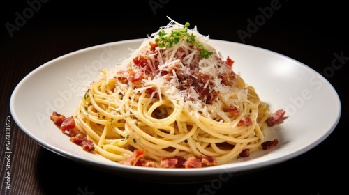  a plate of spaghetti with bacon and parmesan cheese on top of it on a wooden table with a black background. generative ai