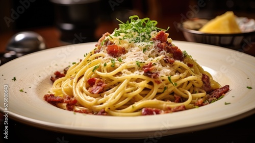  a close up of a plate of spaghetti with bacon and parmesan cheese on a wooden table with a bowl of lemon wedges in the background. generative ai