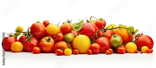 In the isolated white background a texture of vibrant red and orange tropical fruits like tomatoes showcases the natural and organic essence of healthy food bringing together the perfect ha