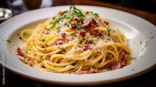  a close up of a plate of spaghetti with bacon and parmesan sprinkled on top of it. generative ai