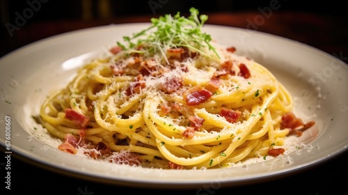 a close up of a plate of pasta with bacon and parmesan on the top of the pasta is garnished with parsley.  generative ai