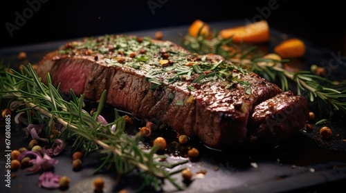  a close up of a piece of steak on a plate with herbs and oranges on the side of the plate. generative ai