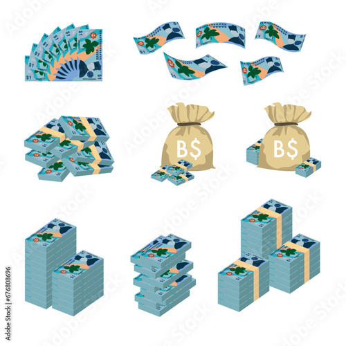 Brunei Dollar Vector Illustration. Huge packs o fBrunei money set bundle banknotes. Bundle with cash bills. Deposit, wealth, accumulation and inheritance. Falling money 1 BND