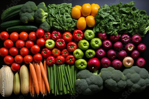 Vibrant assortment of healthy veggies and fruits, top view flat lay on dark background