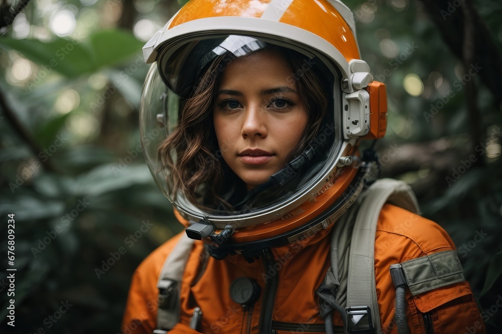 Close-up portrait of a beautiful woman wearing an orange spacesuit in a new green tropical planet with plants. Close-up portrait of a beautiful woman wearing an orange spacesuit in a new green tropical planet with plants.