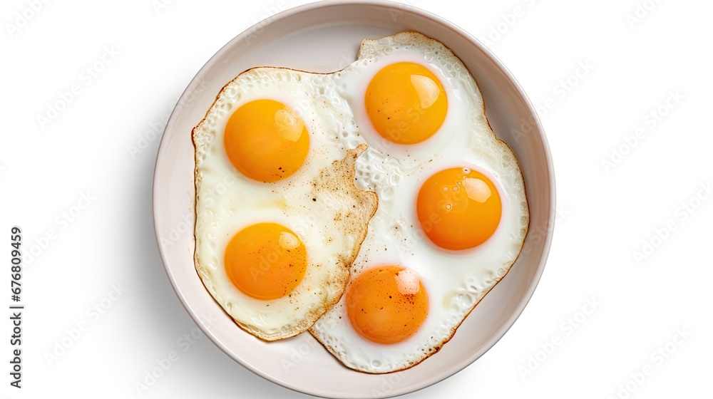 three fried eggs in a white bowl on a white surface with a light reflection on the top of the bowl. generative ai three fried eggs in a white bowl on a white surface with a light reflection on the top of the bowl. generative ai