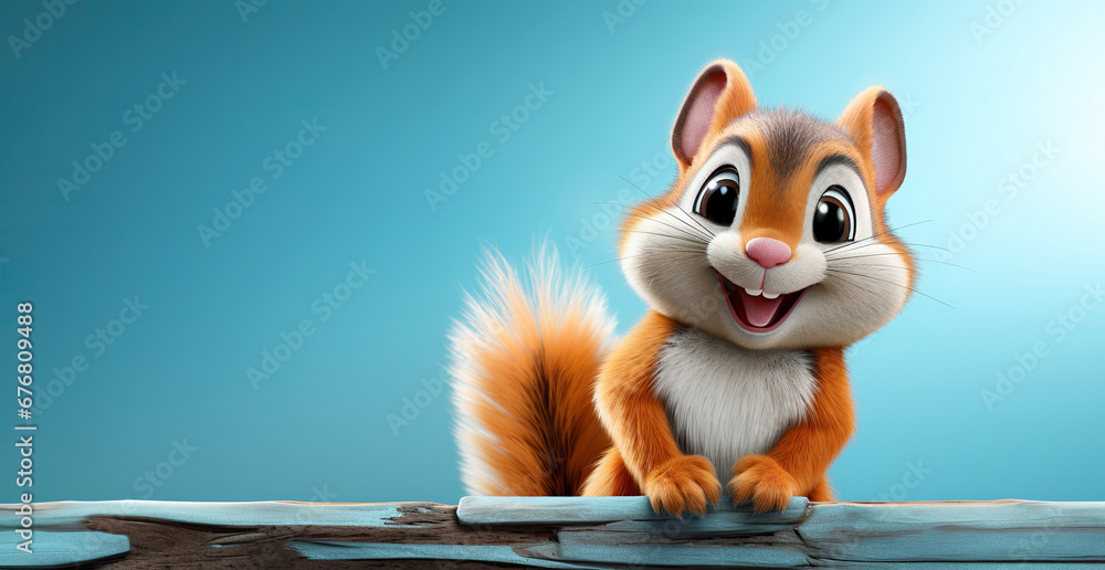 cute cartoon character squirrel on blue isolated background with copy space