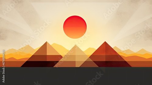  a picture of a mountain range with a red sun in the middle of the sky and mountains in the background.  generative ai photo