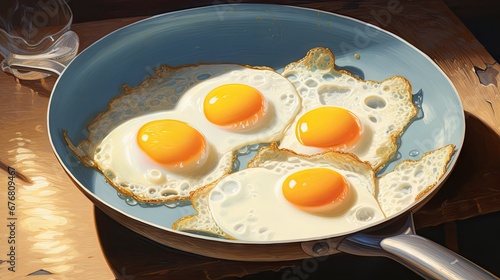  three fried eggs in a frying pan on a wooden table with a glass of water and utensils. generative ai