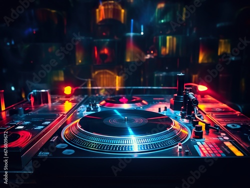  DJ Night Club Deejay Record Player Retro night club neon colorful light DJ is mixing music with deejay controller 
