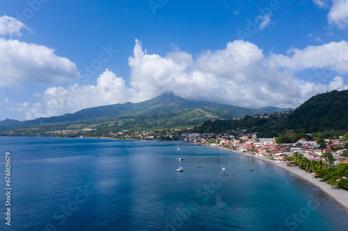 Coastal town Saint-Pierre with mountain Pelee backdrop Martinique