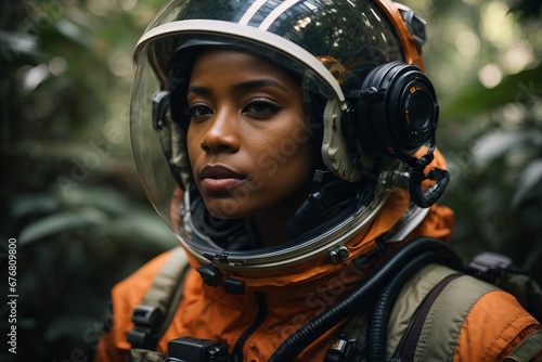 Close-up portrait of a beautiful African American woman wearing an orange spacesuit in a green tropical planet with plants