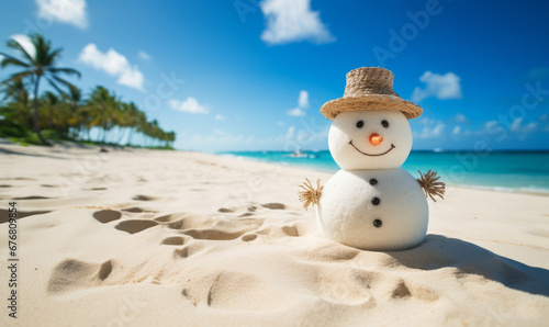 Winter vacation. A happy snowman tourist enjoying the sun on a tropical beach