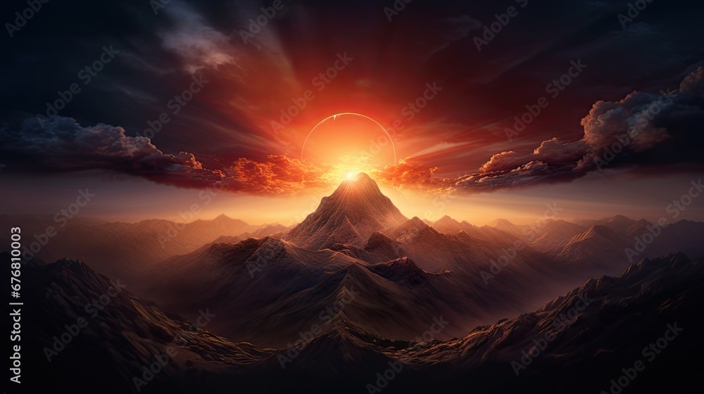  a sunset view of a mountain with a ring of fire in the middle of the sky over the top of the mountain.  generative ai