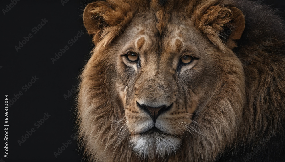 Fototapeta premium A lion with a sad look on its face and a black background