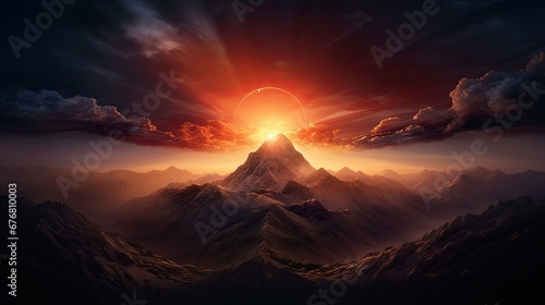  a sunset view of a mountain with a ring of fire in the middle of the sky over the top of the mountain. generative ai
