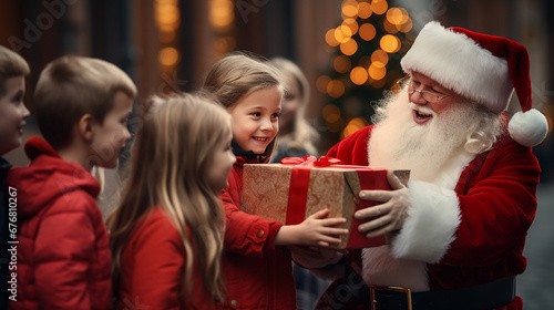 Christmas Santa Claus giving gift to children. Generative AI.