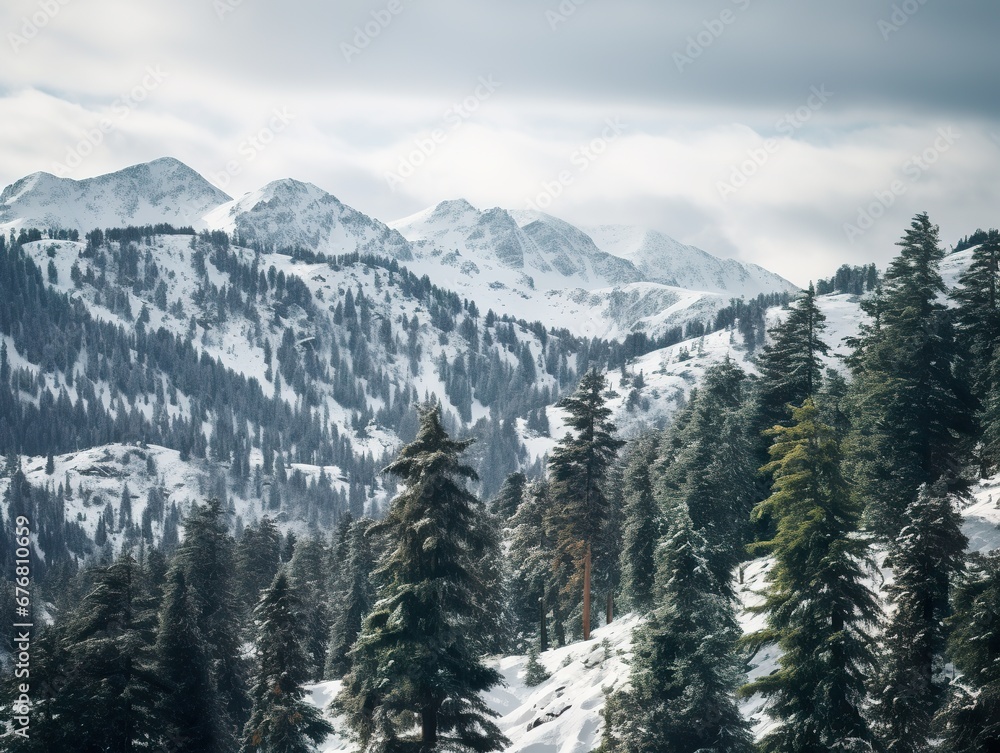 Pine trees on snow covered mountain Magical winter forest. Natural landscape with beautiful sky