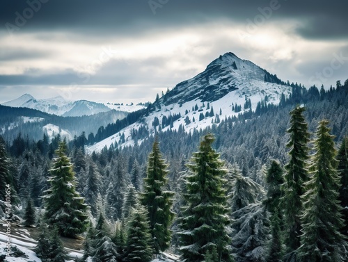 Pine trees on snow covered mountain Magical winter forest. Natural landscape with beautiful sky