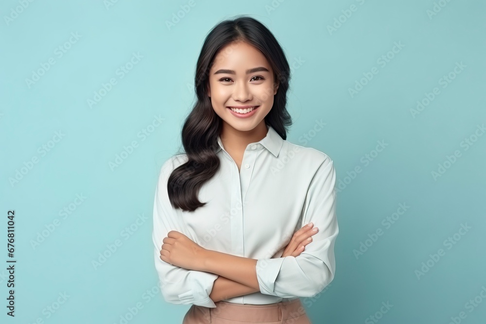 photo portrait of young asia lady with positive expression, arms crossed, smile broadly, dressed in casual clothing, generative ai photo portrait of young asia lady with positive expression, arms crossed, smile broadly, dressed in casual clothing, generative ai